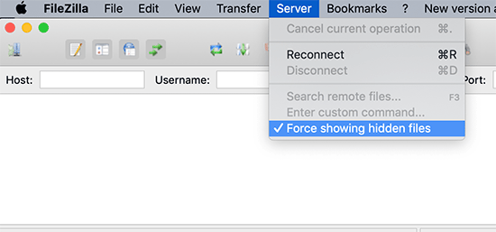 filezilla show hidden files on server