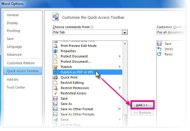 Add commands to the Quick Access Toolbar